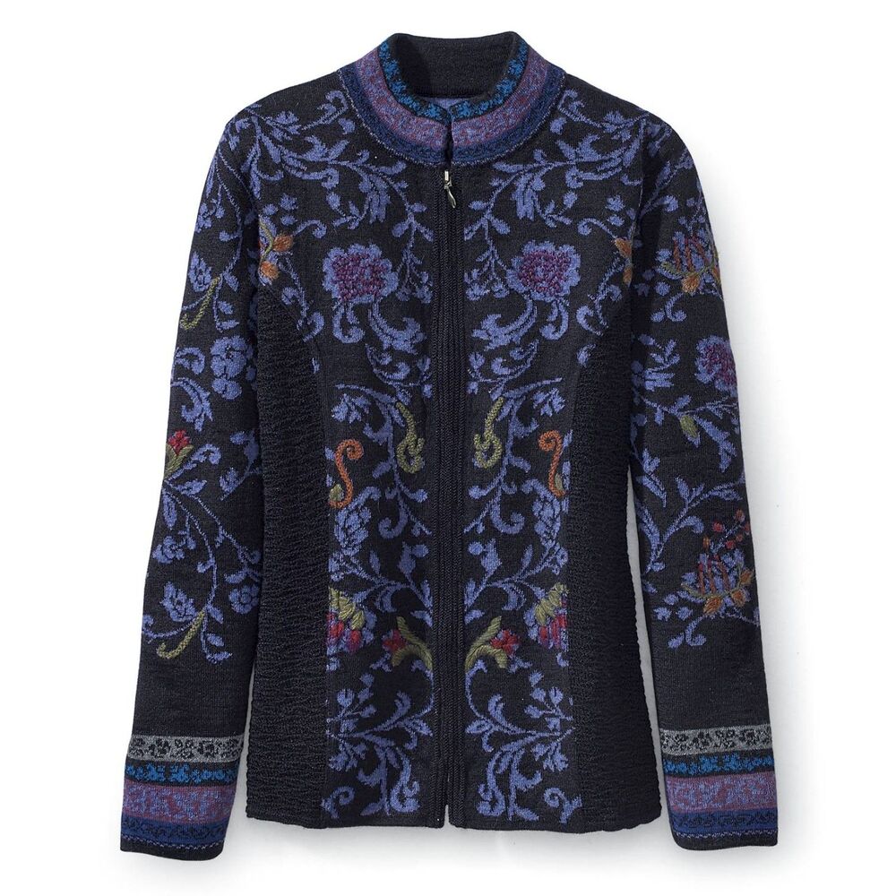 NorthStyle Peruvian Alpaca Zip Cardigan, Floral Hand Embroidery, Zip Front sz XL